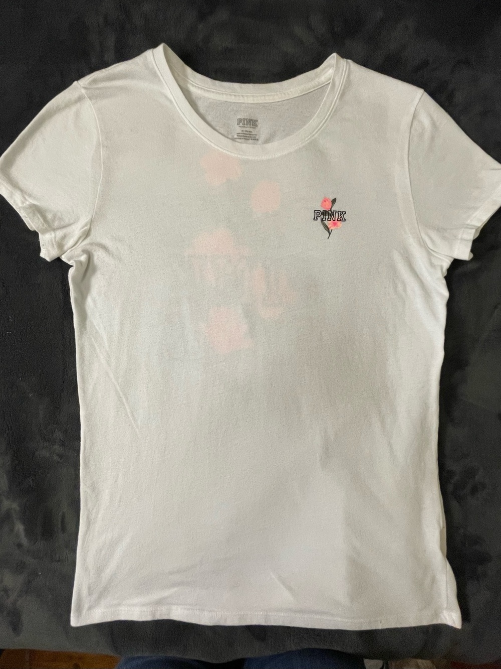 PINK Victoria's Secret White Short Sleeve Tee Pink Rose Chest Logo Size Medium